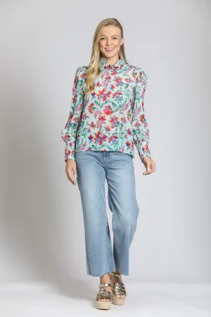 APNY Puff Sleeve Blouse with Ruched Detail  Turquoise Multi