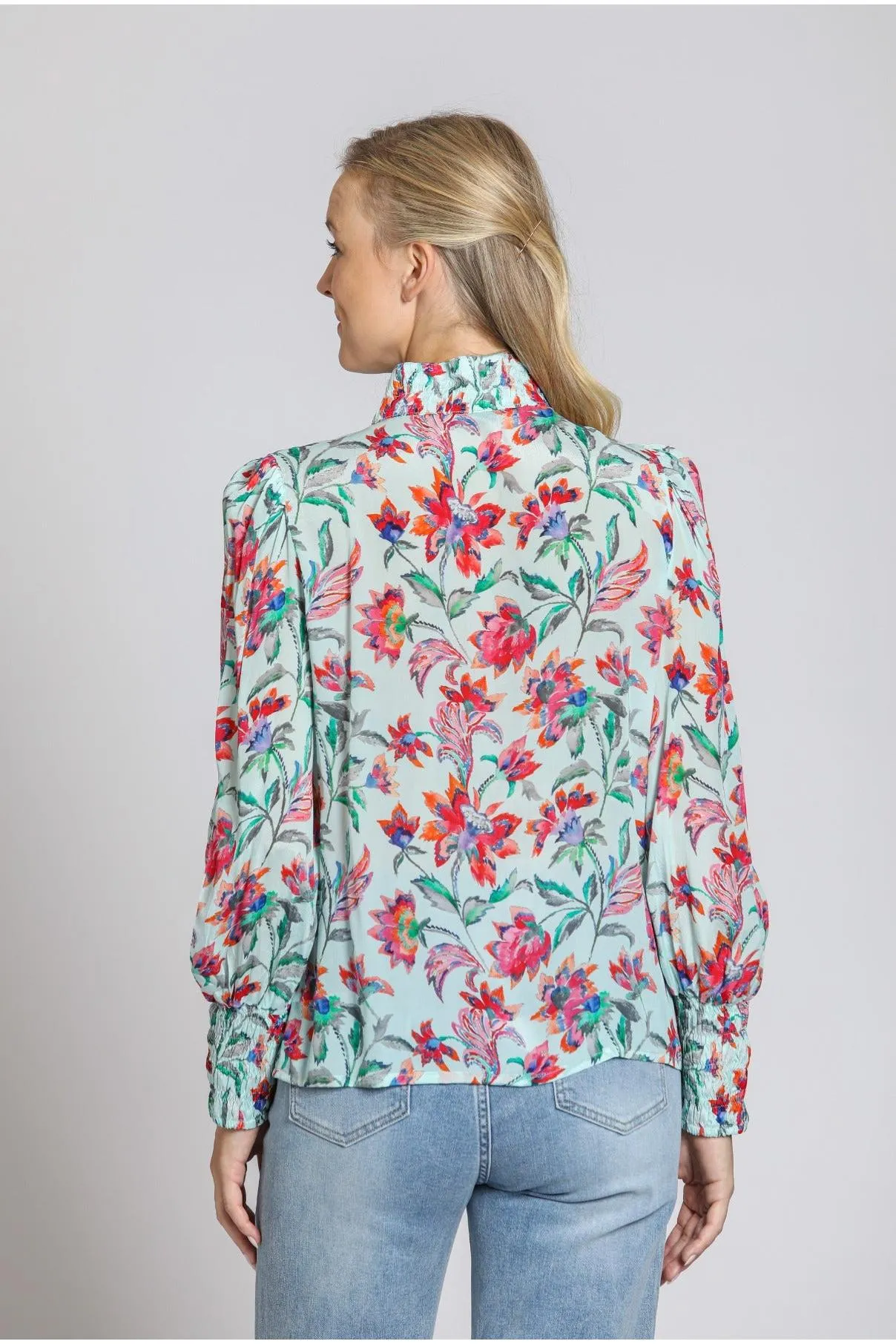APNY Puff Sleeve Blouse with Ruched Detail  Turquoise Multi