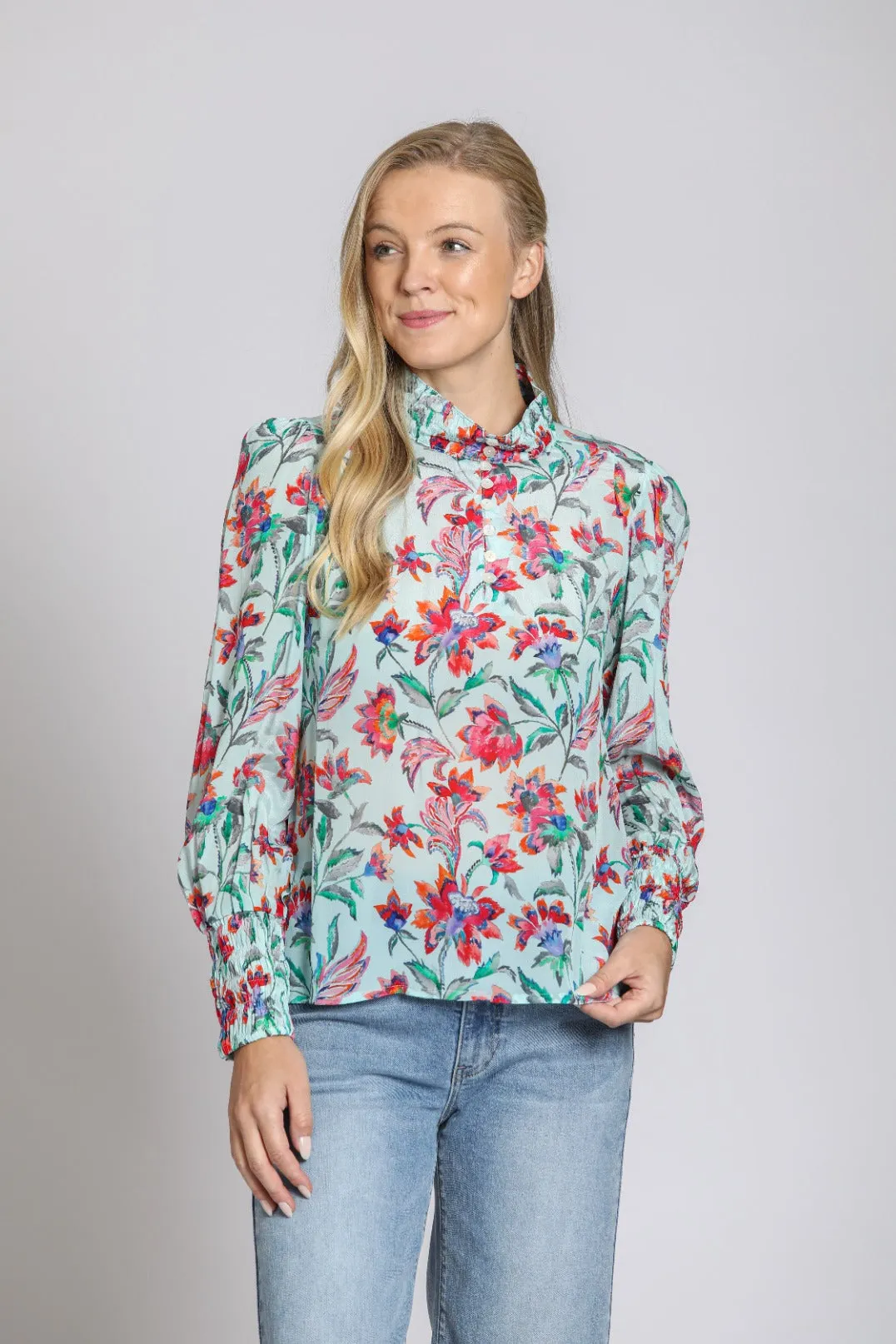 APNY Puff Sleeve Blouse with Ruched Detail  Turquoise Multi