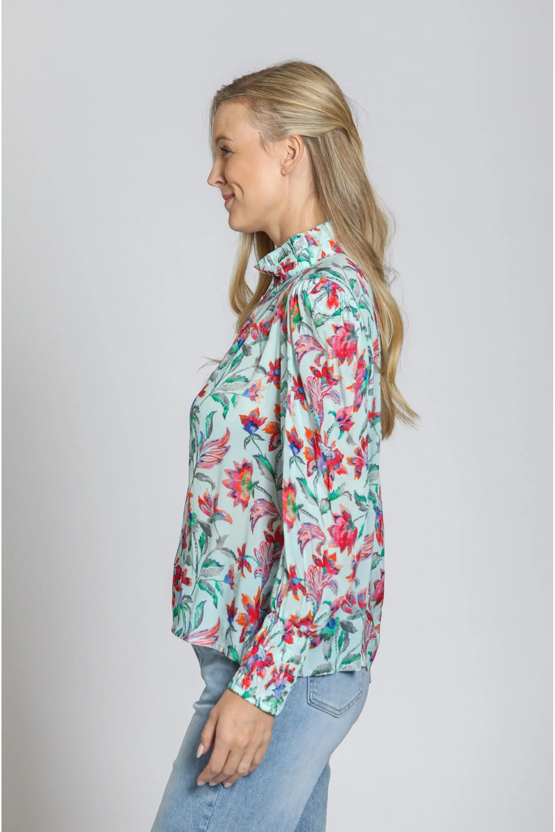 APNY Puff Sleeve Blouse with Ruched Detail  Turquoise Multi