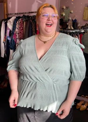 ASOS Sea Foam Green Faux Wrap Textured Babydoll Blouse, Size 24