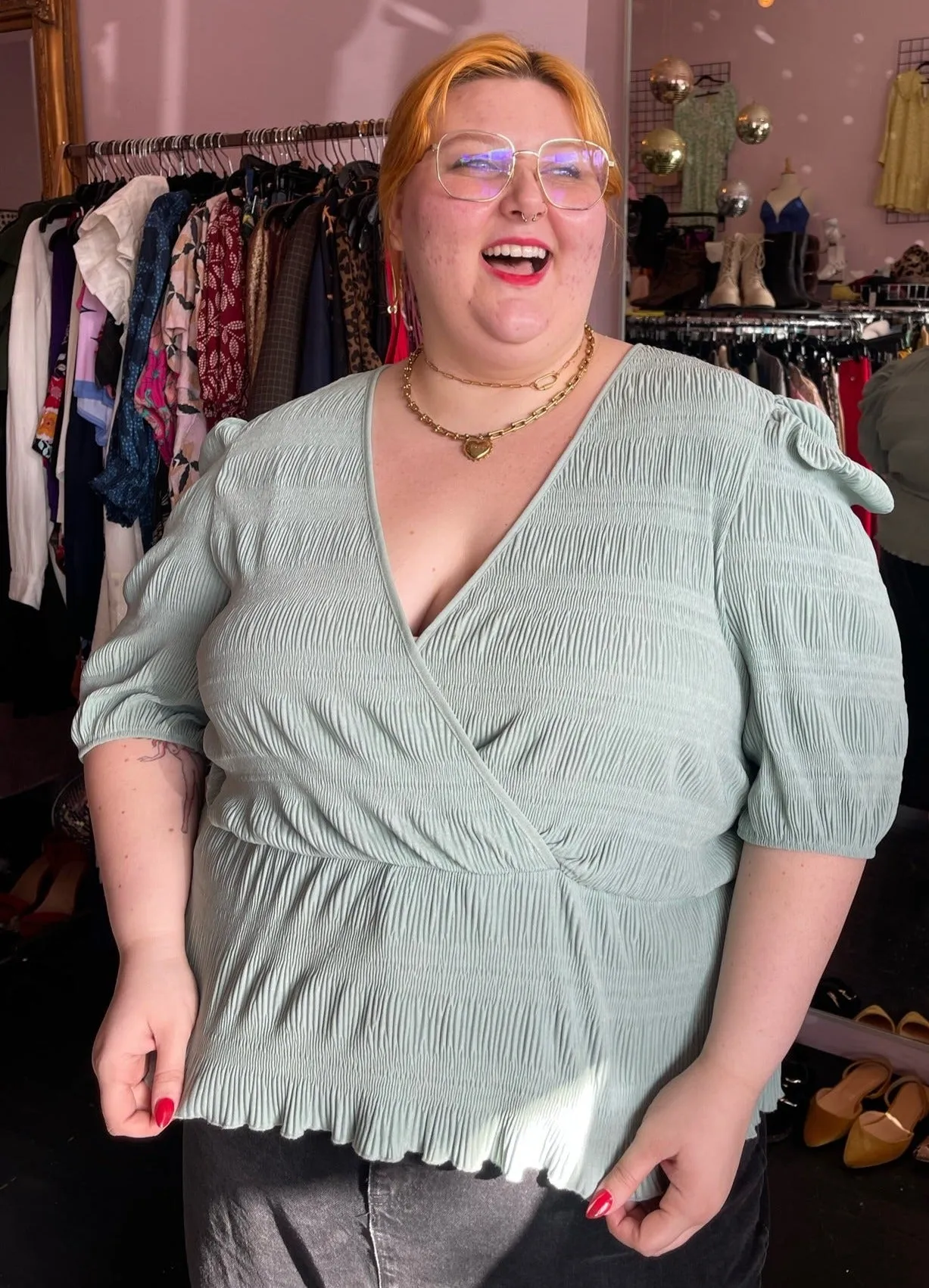 ASOS Sea Foam Green Faux Wrap Textured Babydoll Blouse, Size 24