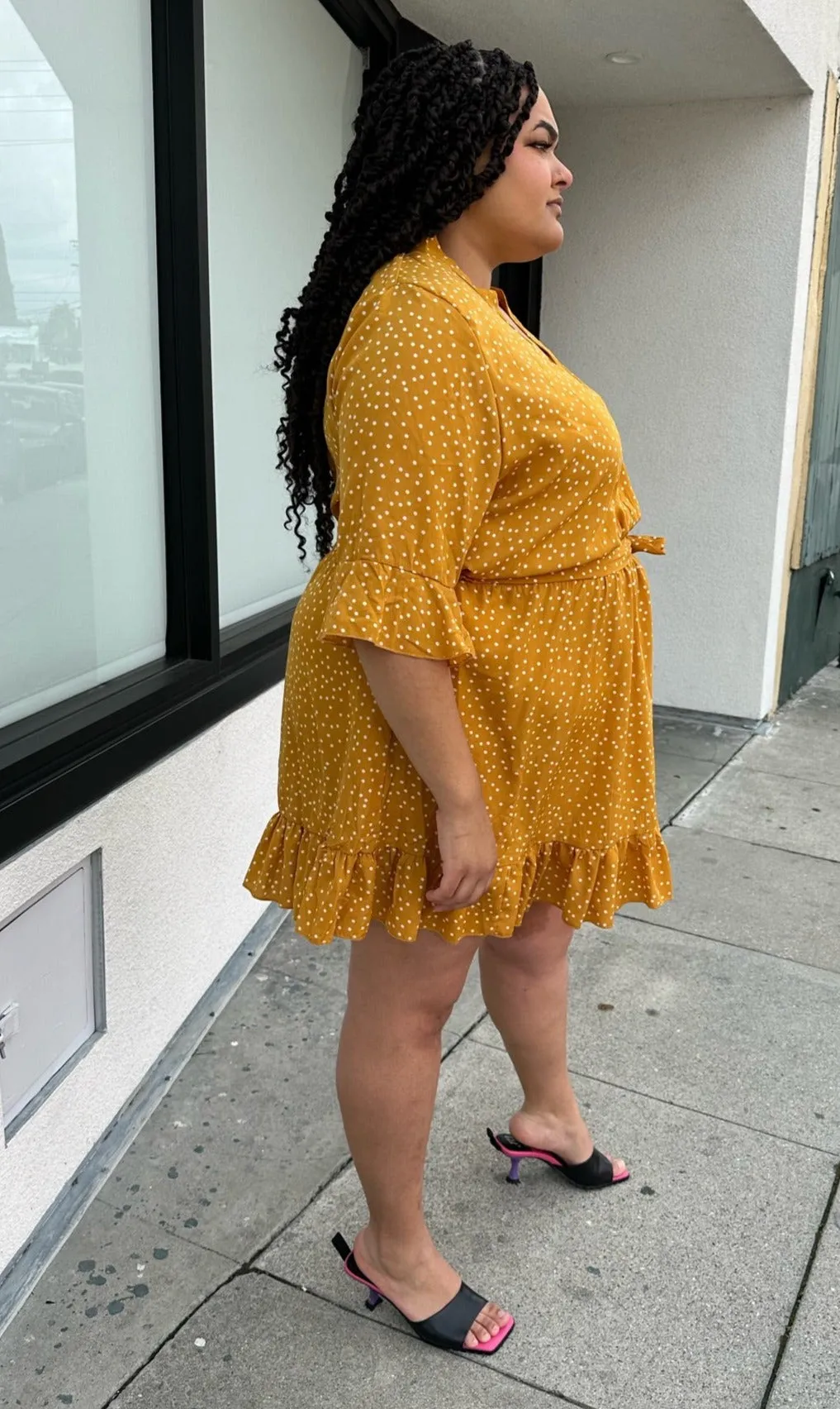 Boohoo Mustard Yellow Faux Wrap Mini with White Polka Dots and Ruffle Hem, Size 20
