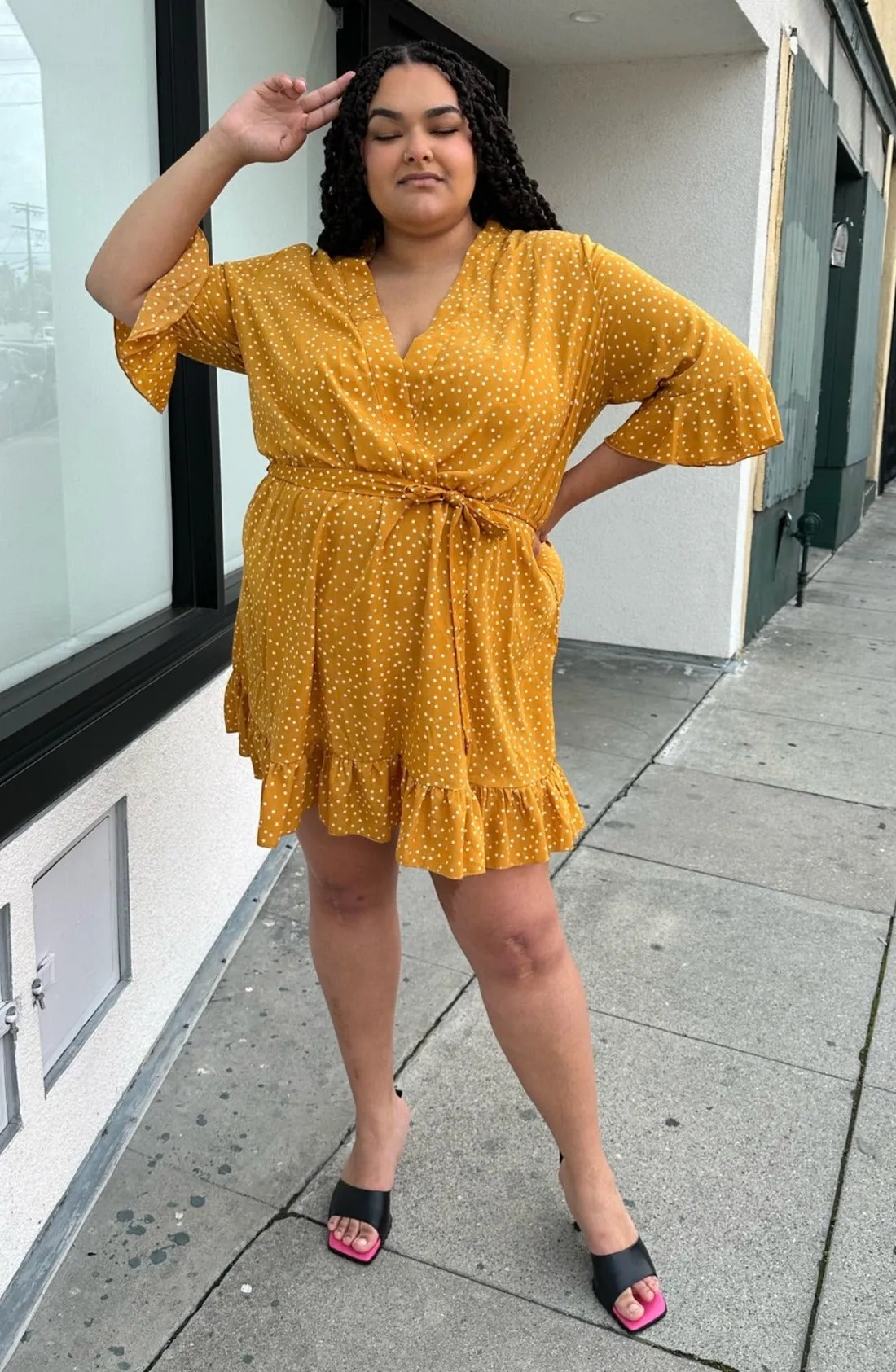 Boohoo Mustard Yellow Faux Wrap Mini with White Polka Dots and Ruffle Hem, Size 20