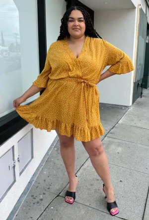 Boohoo Mustard Yellow Faux Wrap Mini with White Polka Dots and Ruffle Hem, Size 20