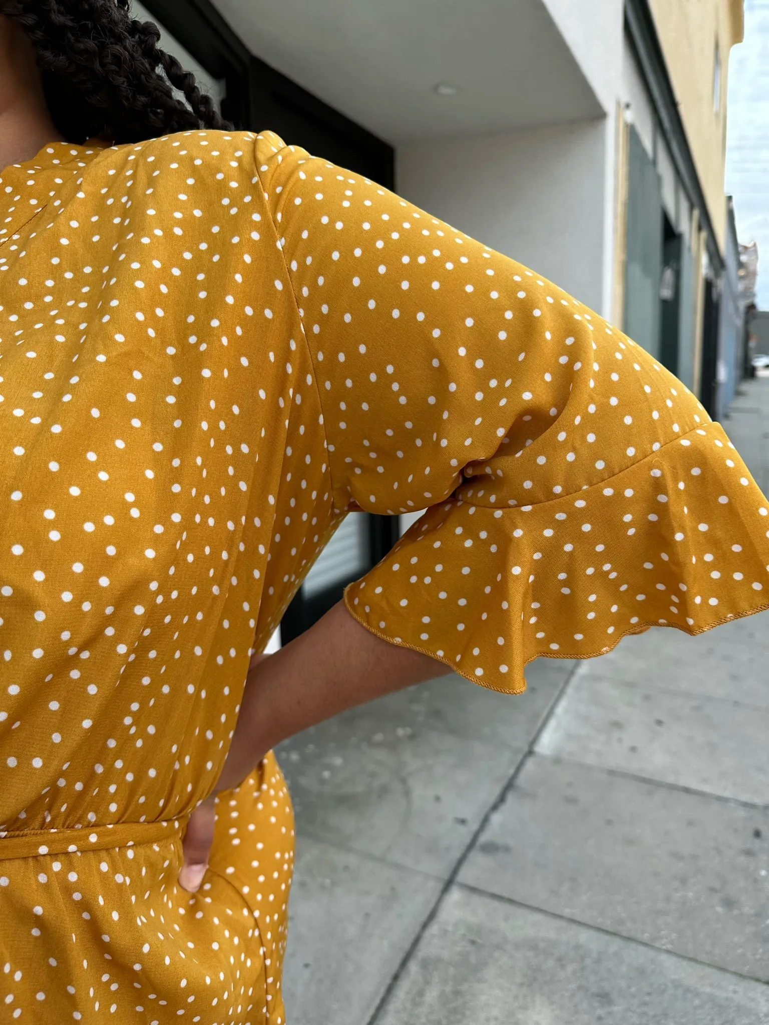 Boohoo Mustard Yellow Faux Wrap Mini with White Polka Dots and Ruffle Hem, Size 20