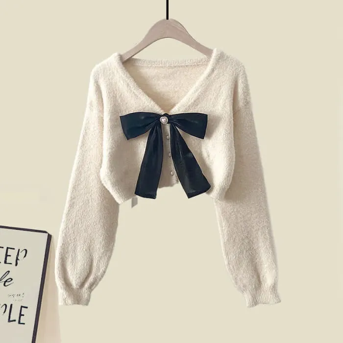 Bow Knot Cardigan Sweater Flouncing Slip Dress