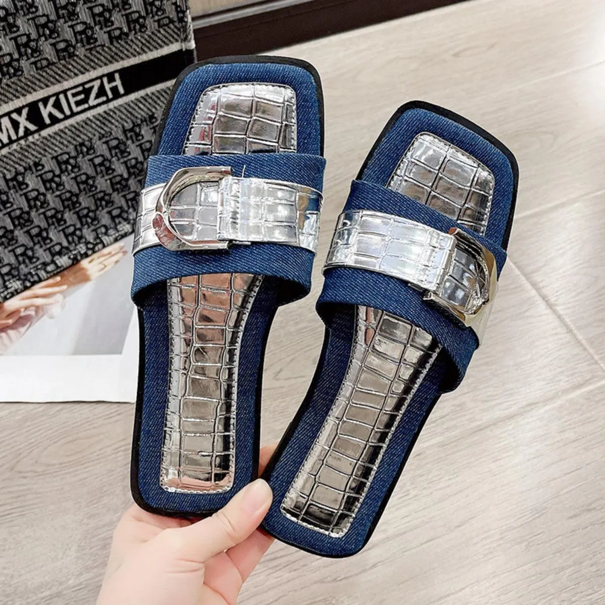 Faux Crocs Skin Buckle Detail Open Toe Flat Sandals