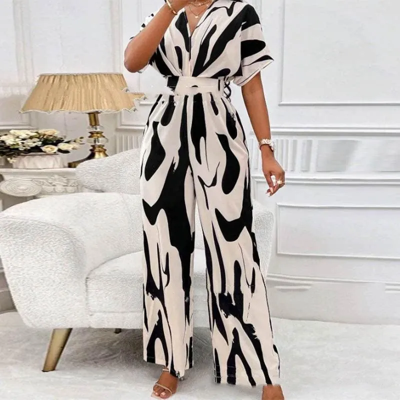 Floral Jumpsuit – Chic V-neck Loose Fit, Comfortable Printed Design