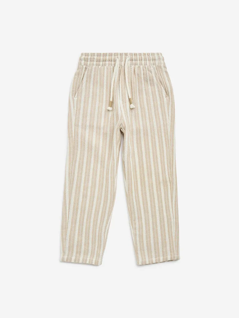 HOP Kids Beige Striped Mid-Rise Cotton Pants