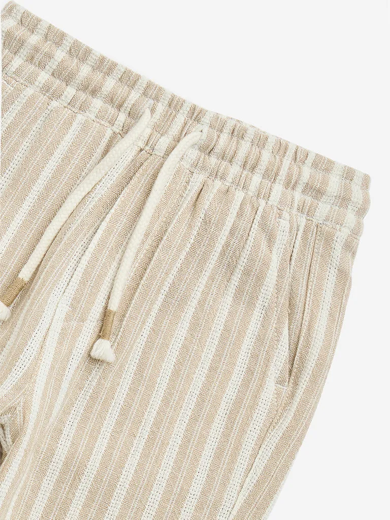 HOP Kids Beige Striped Mid-Rise Cotton Pants
