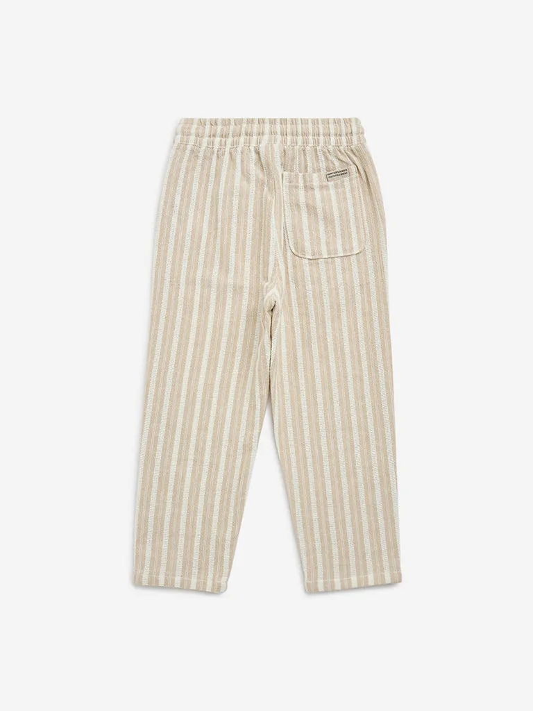 HOP Kids Beige Striped Mid-Rise Cotton Pants