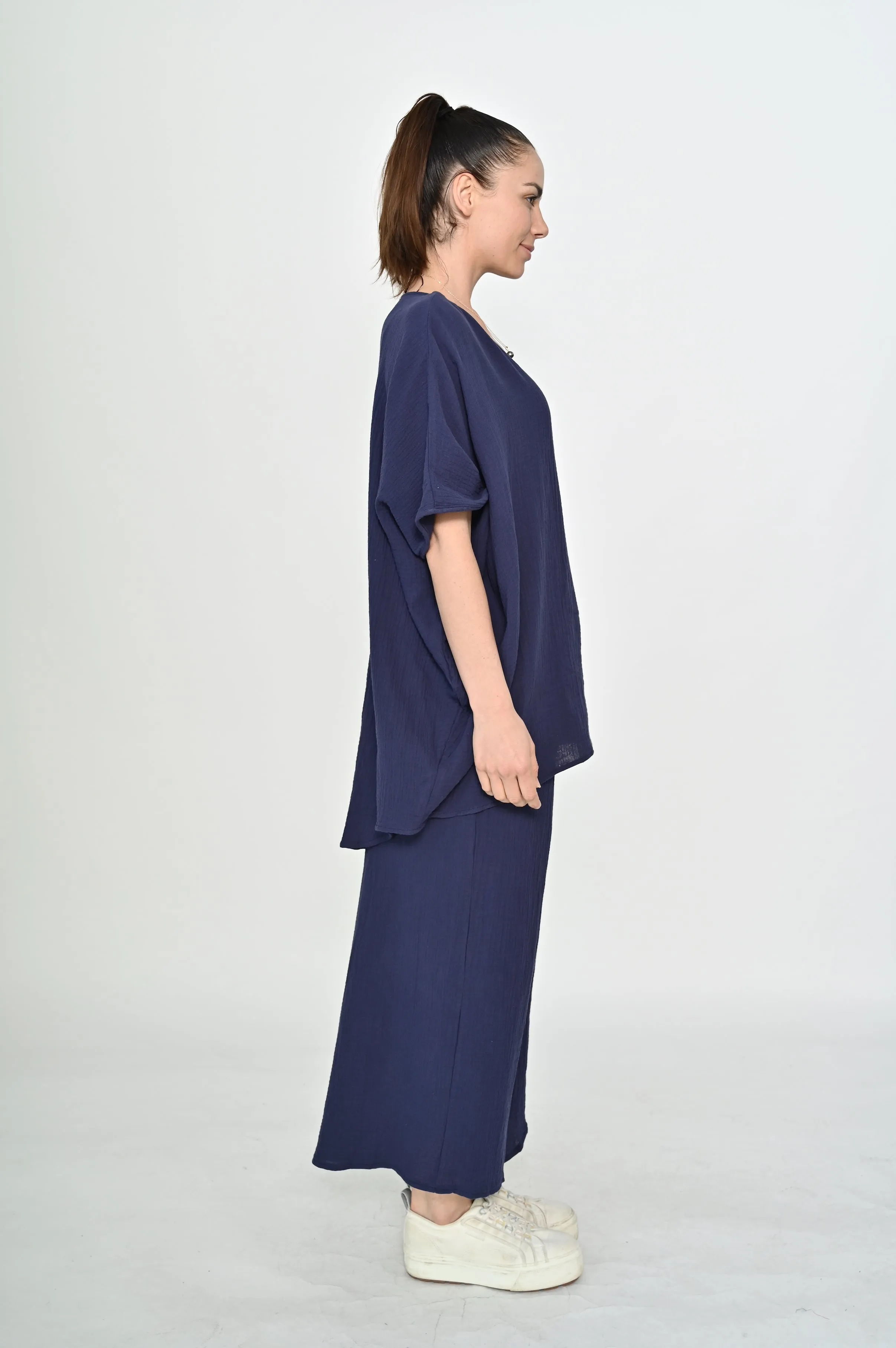 La Mode V-neck Kaftan Style Cotton Top Navy
