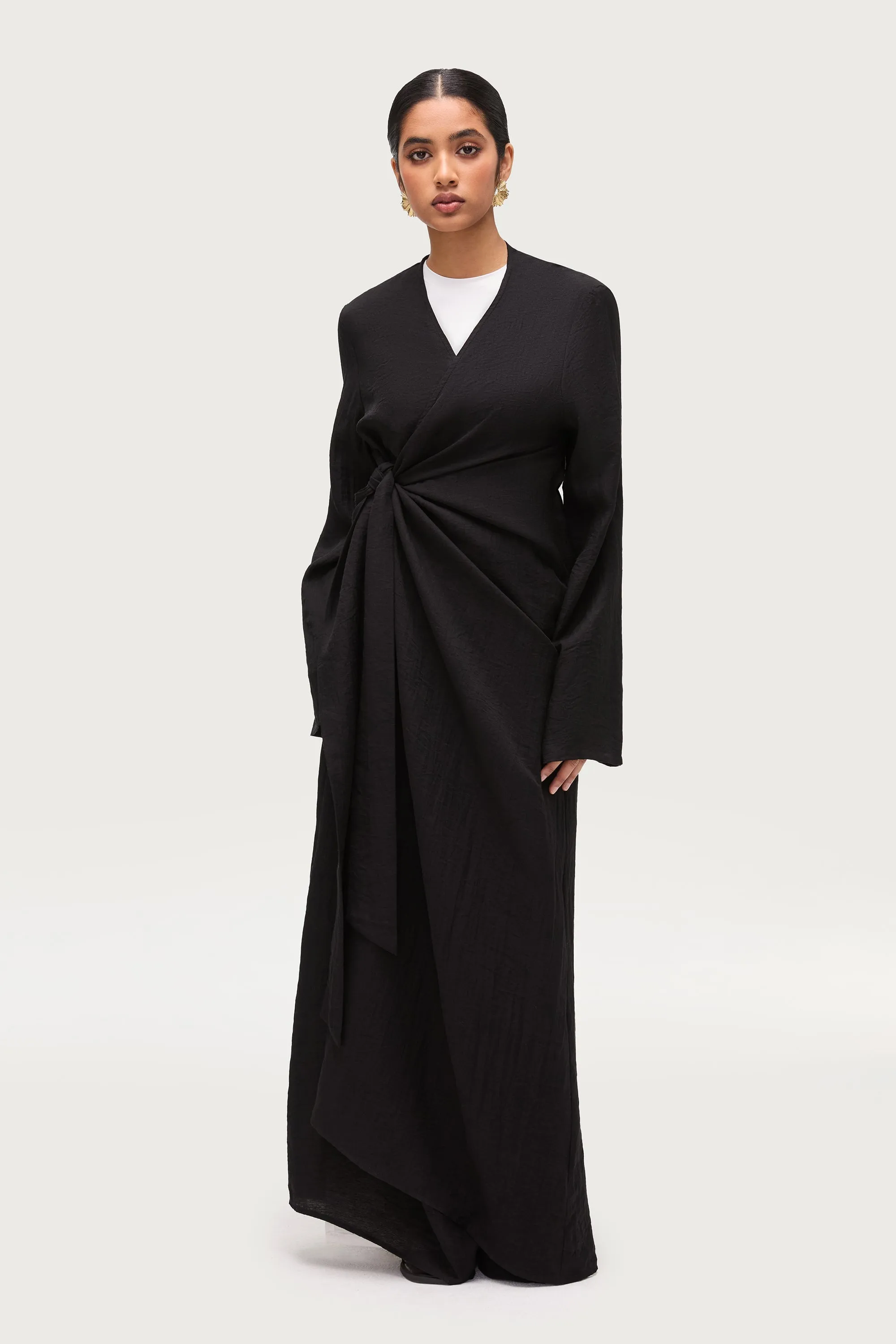 Linen Blend Side Tie Abaya - Black