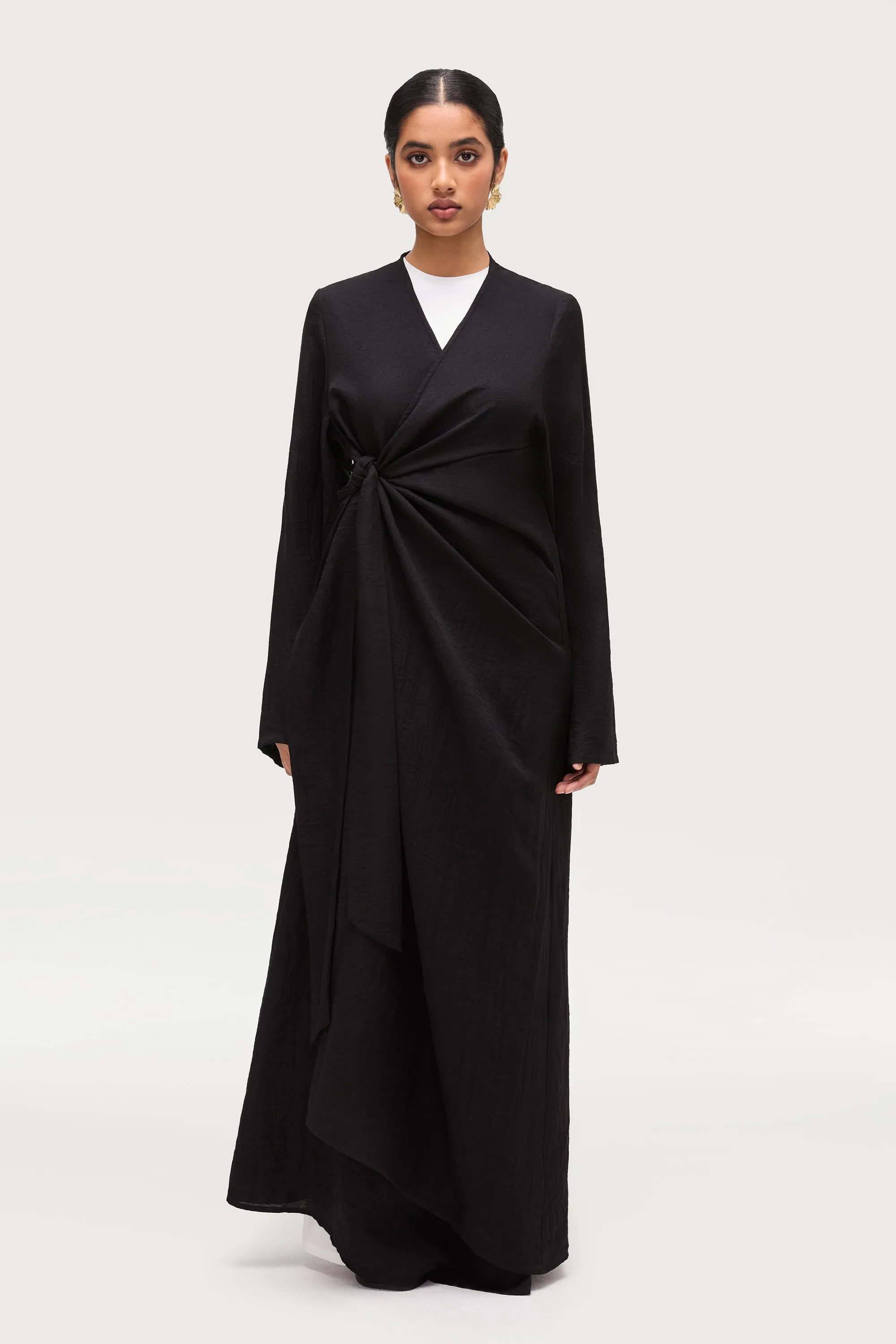 Linen Blend Side Tie Abaya - Black