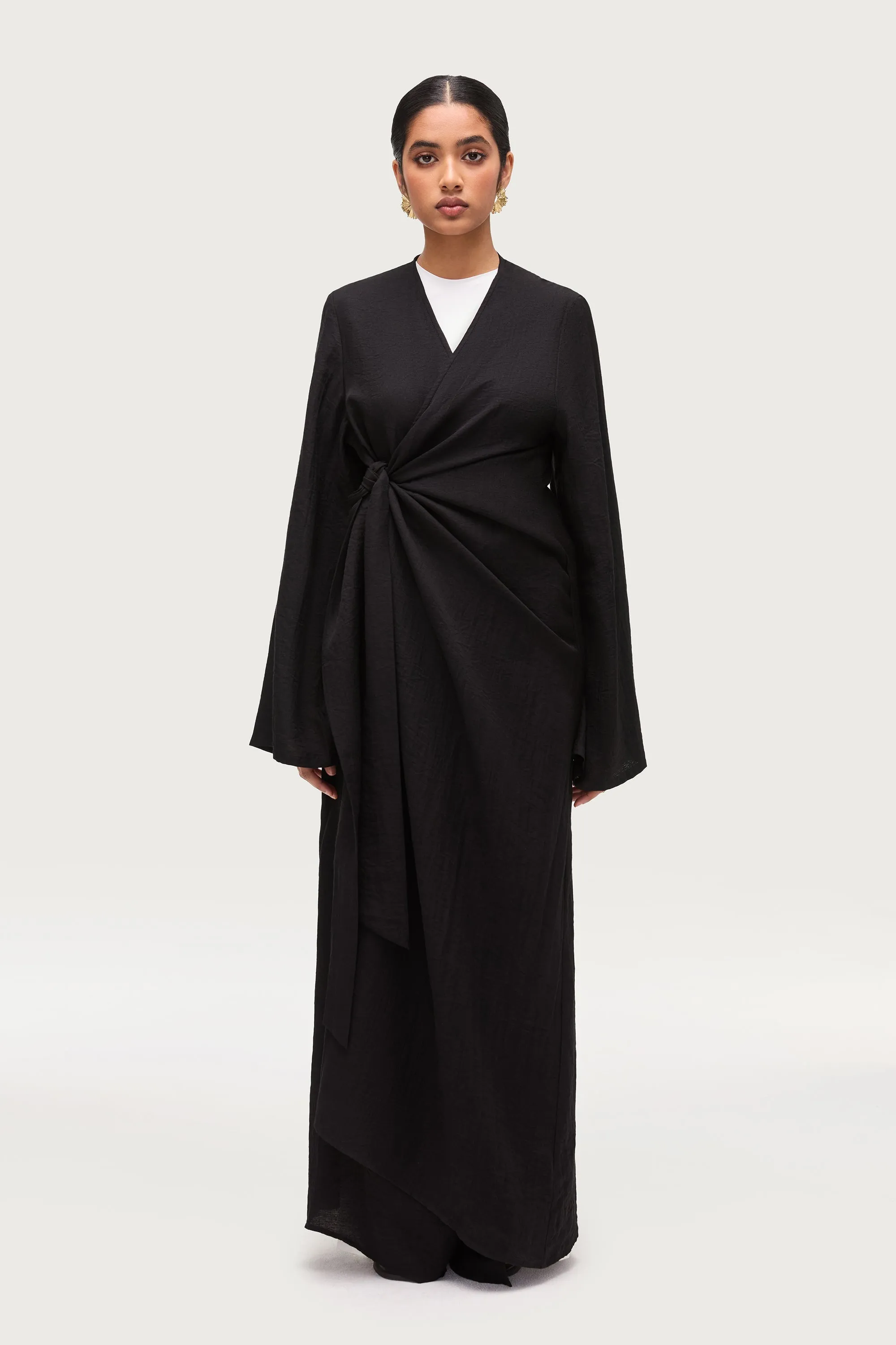 Linen Blend Side Tie Abaya - Black
