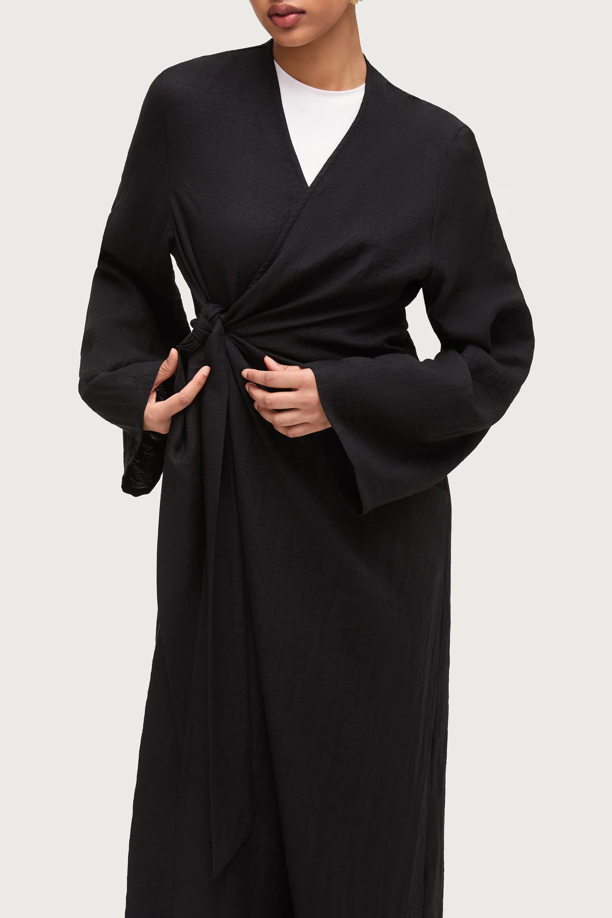 Linen Blend Side Tie Abaya - Black