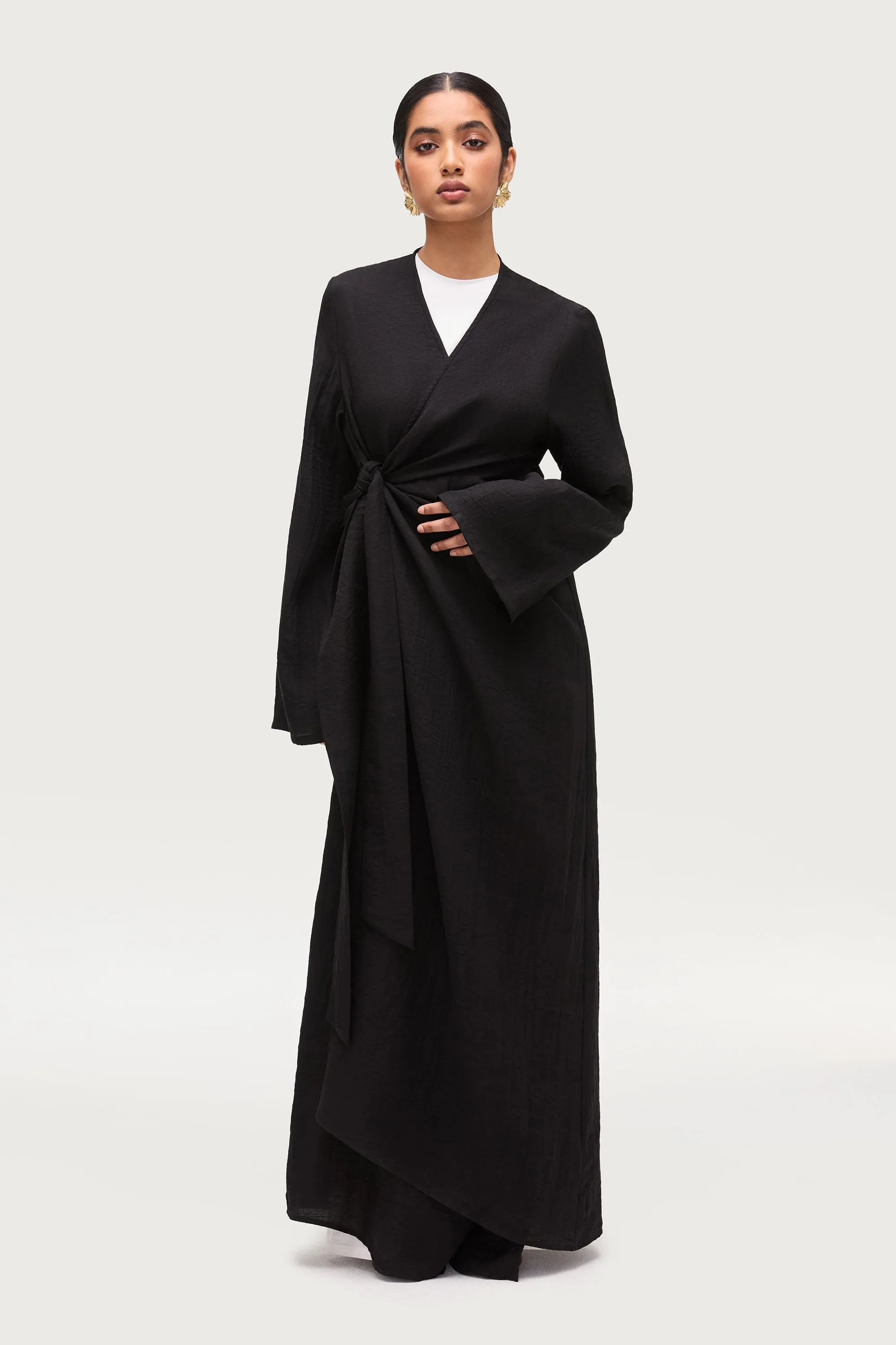 Linen Blend Side Tie Abaya - Black