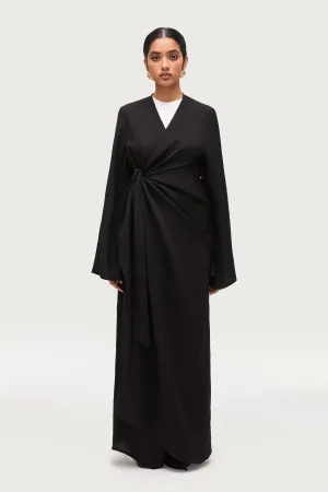 Linen Blend Side Tie Abaya - Black