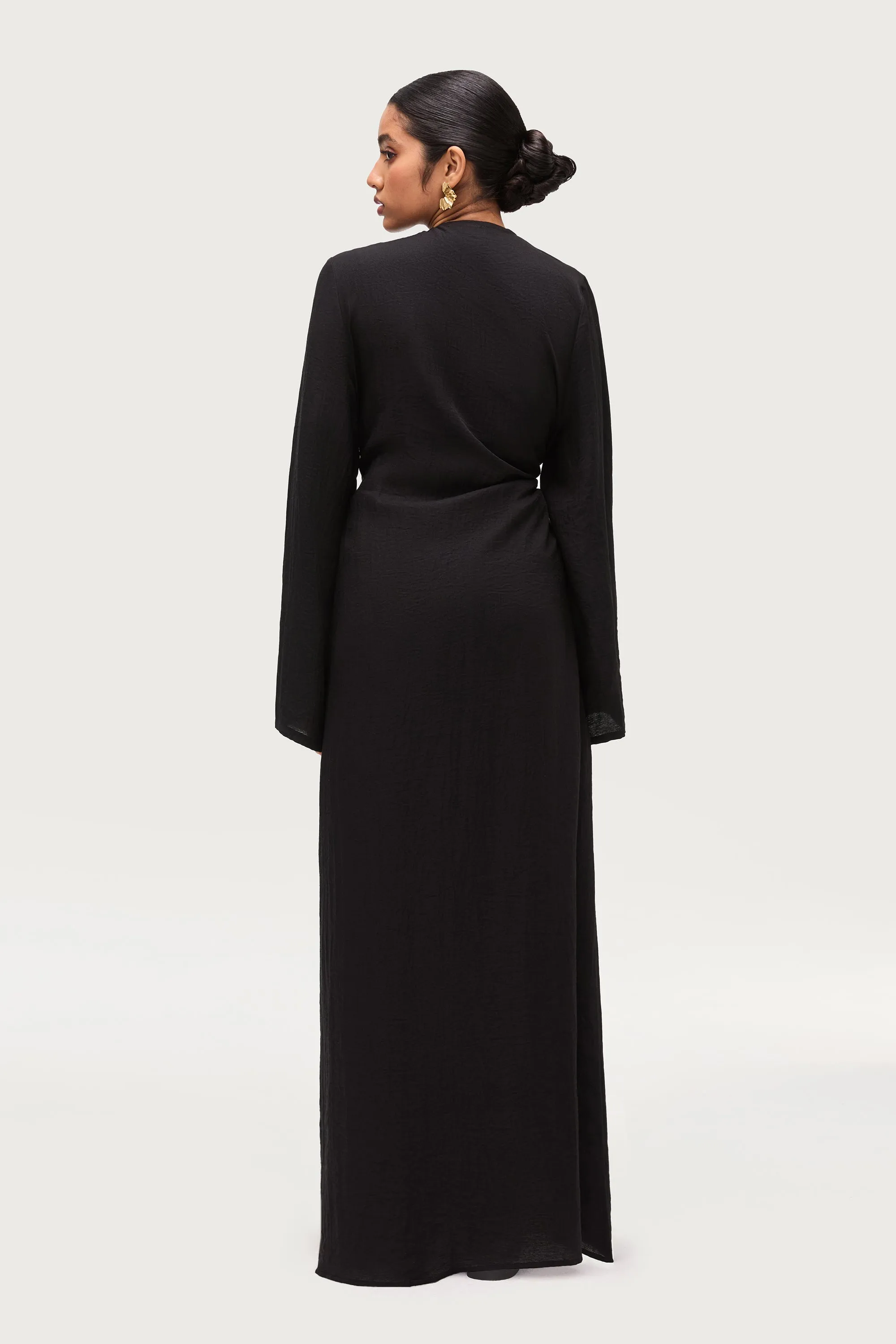 Linen Blend Side Tie Abaya - Black