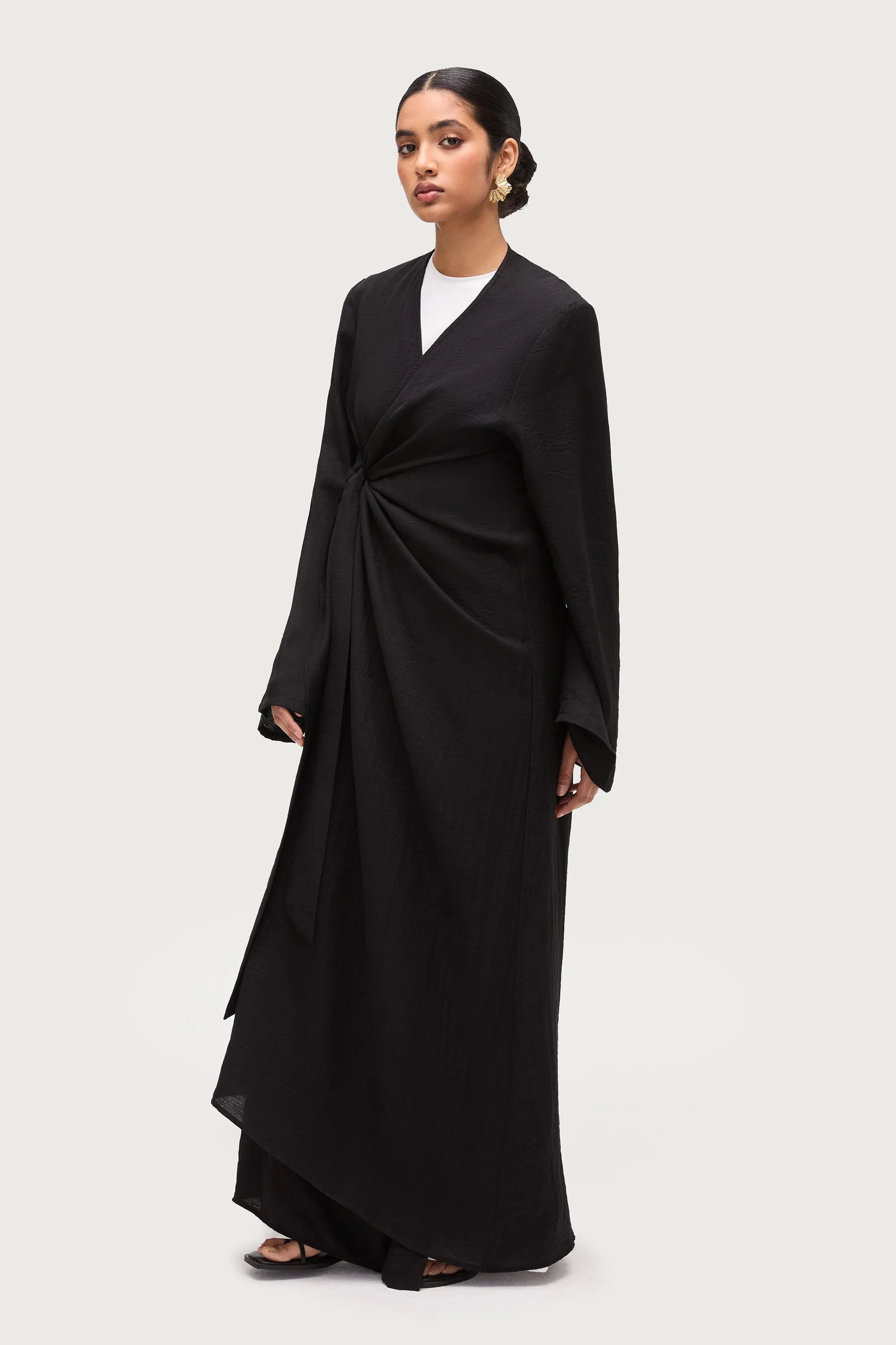 Linen Blend Side Tie Abaya - Black