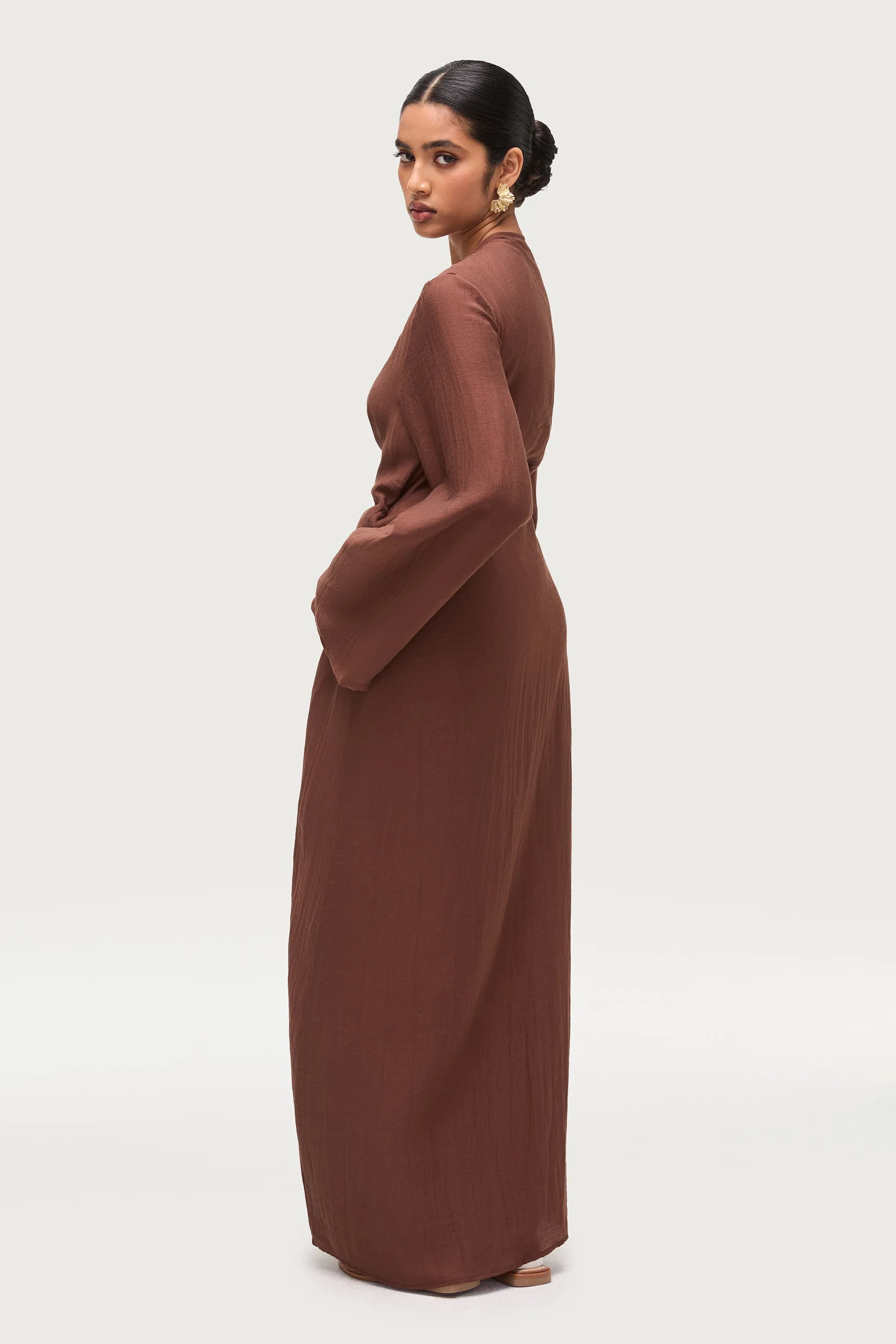 Linen Blend Side Tie Abaya - Chocolate Brown