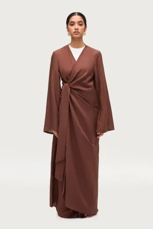 Linen Blend Side Tie Abaya - Chocolate Brown