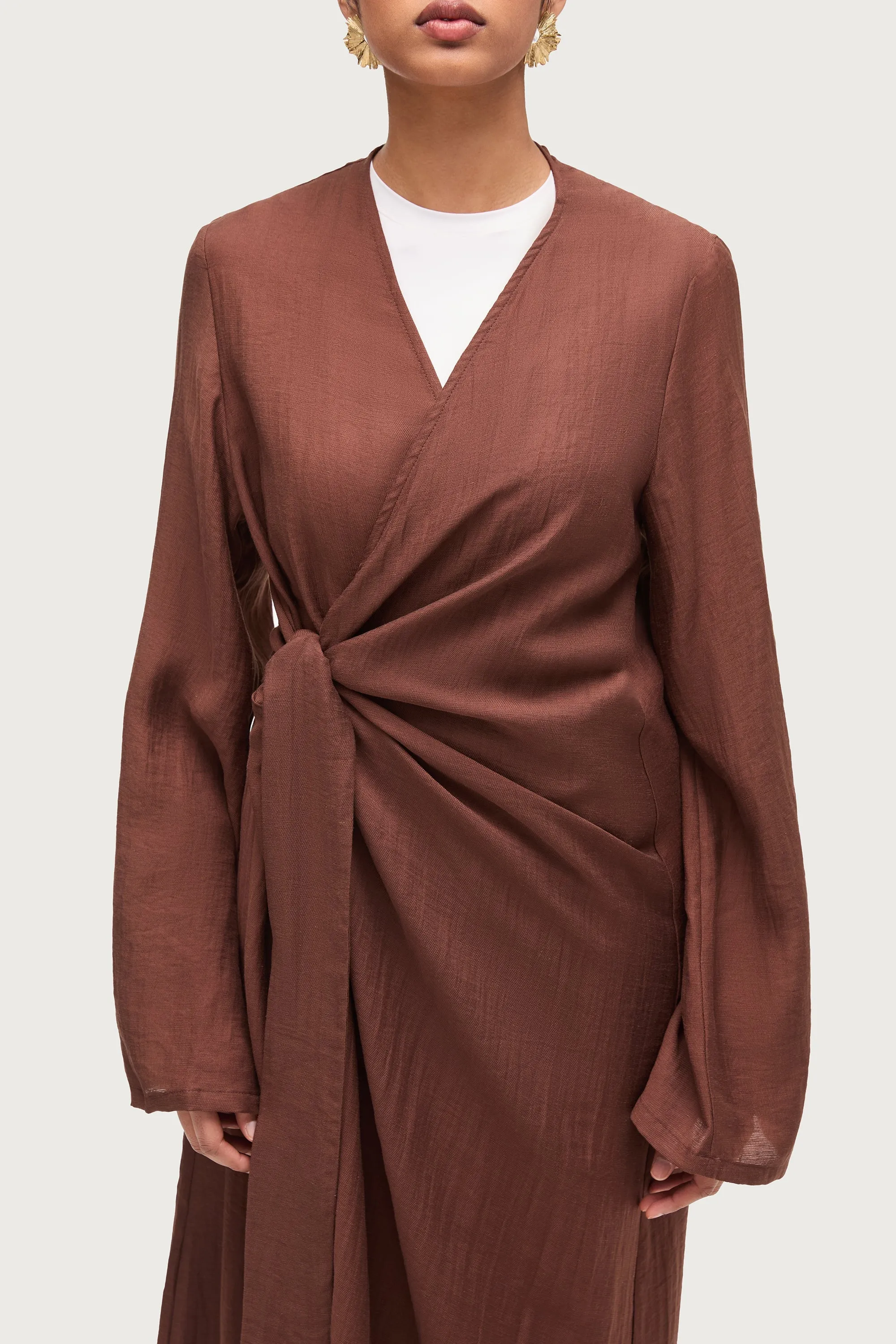 Linen Blend Side Tie Abaya - Chocolate Brown