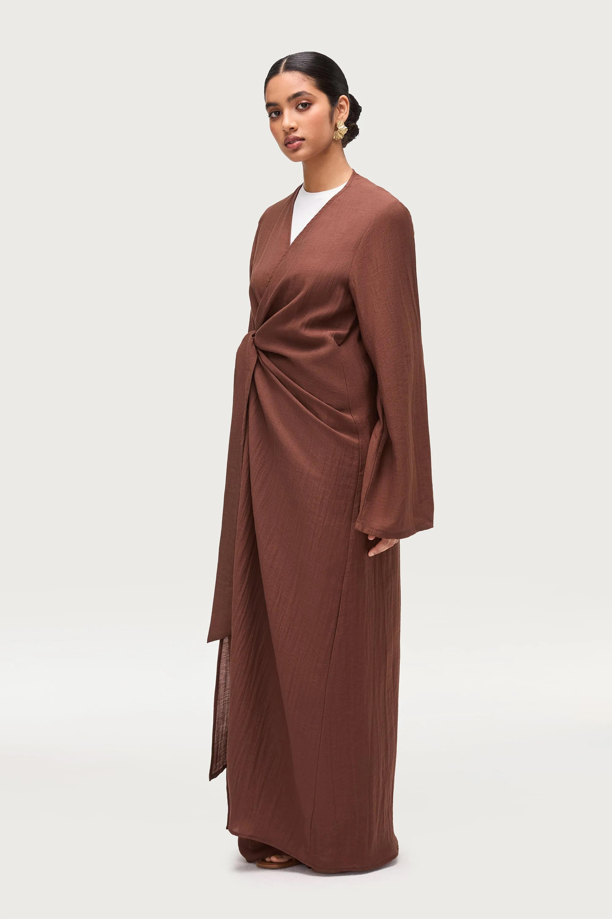 Linen Blend Side Tie Abaya - Chocolate Brown