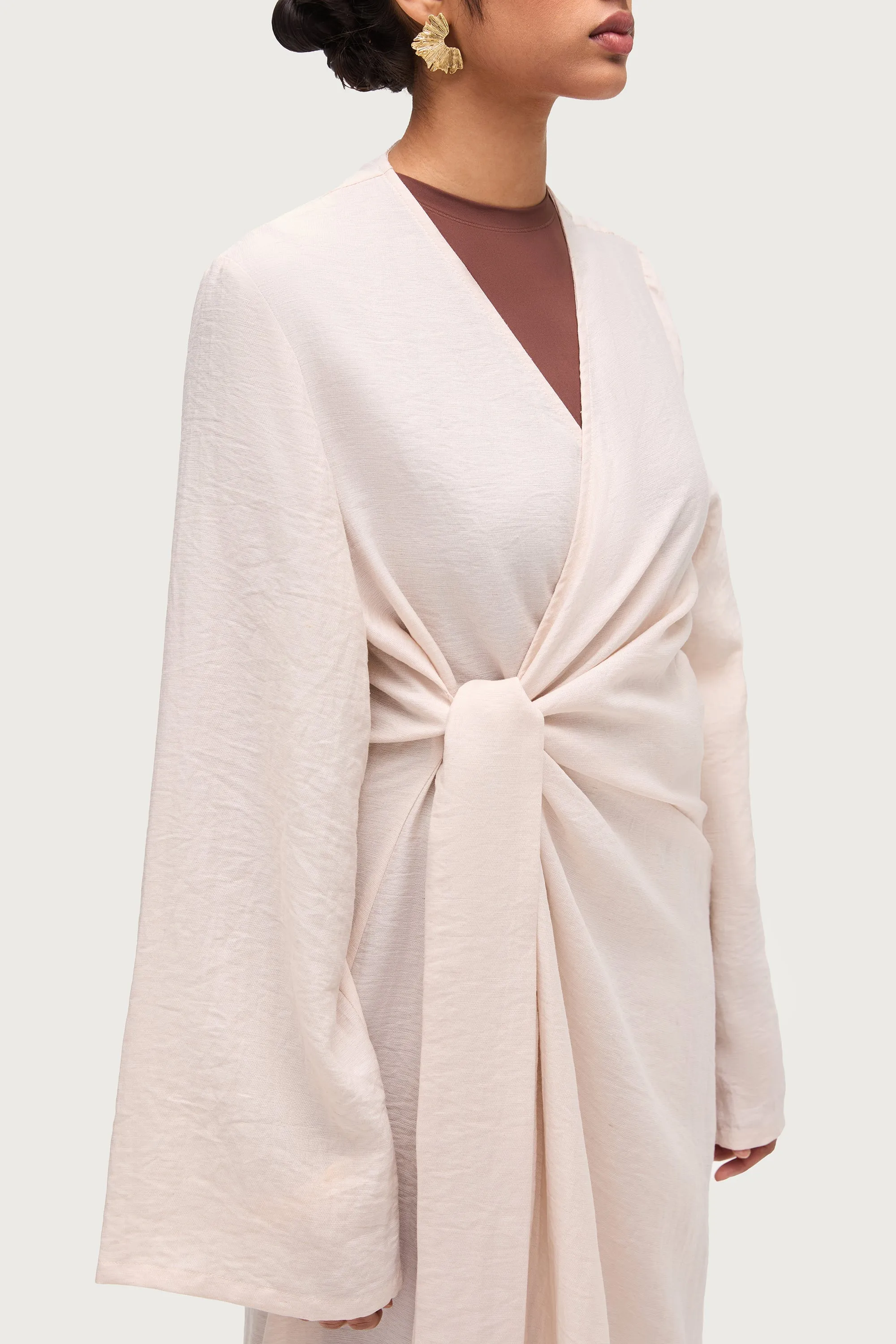 Linen Blend Side Tie Abaya - Sand Dune