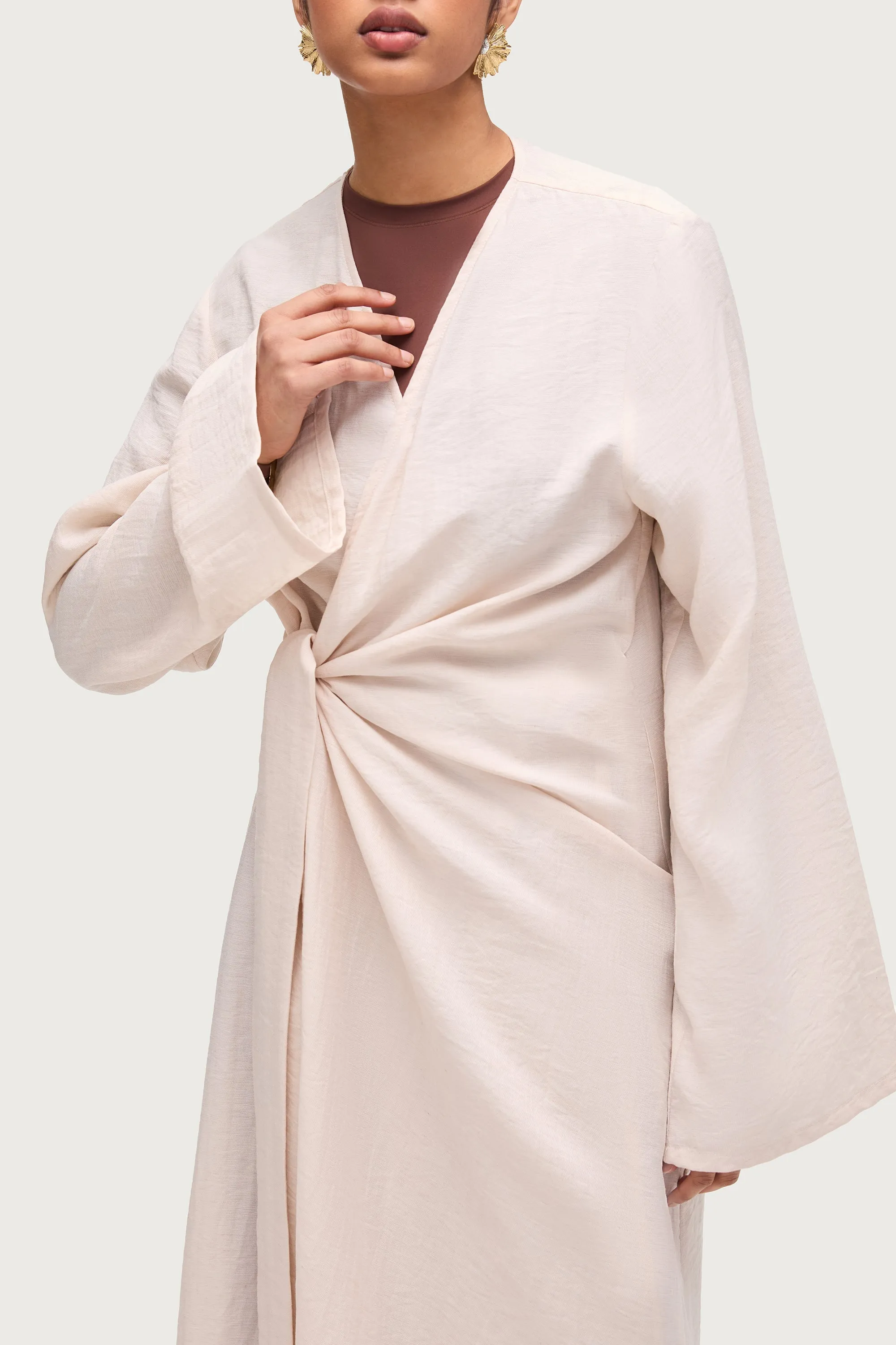 Linen Blend Side Tie Abaya - Sand Dune