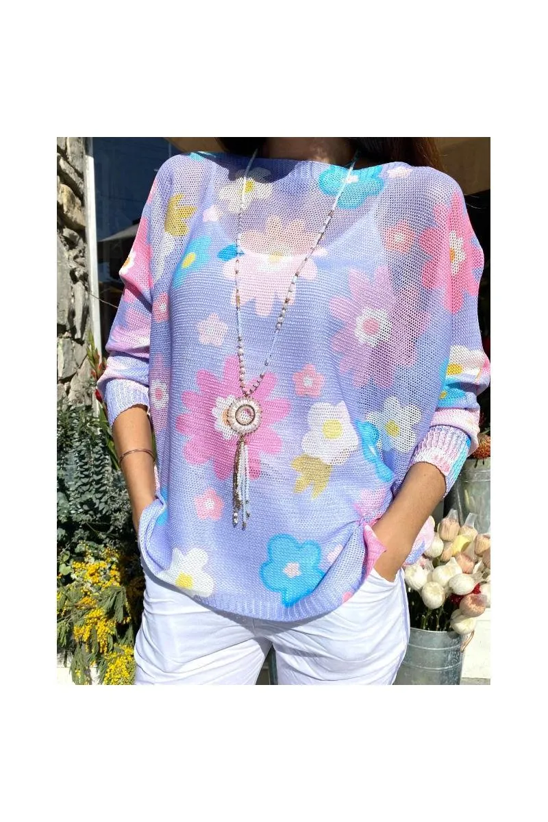  Look Mode Italian Floral Mesh Sweater  Lilac & Aqua