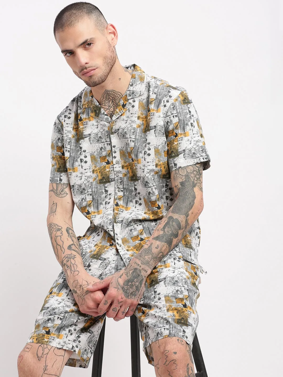 Men Tropical Cuban Collar Grey Co Ords Set