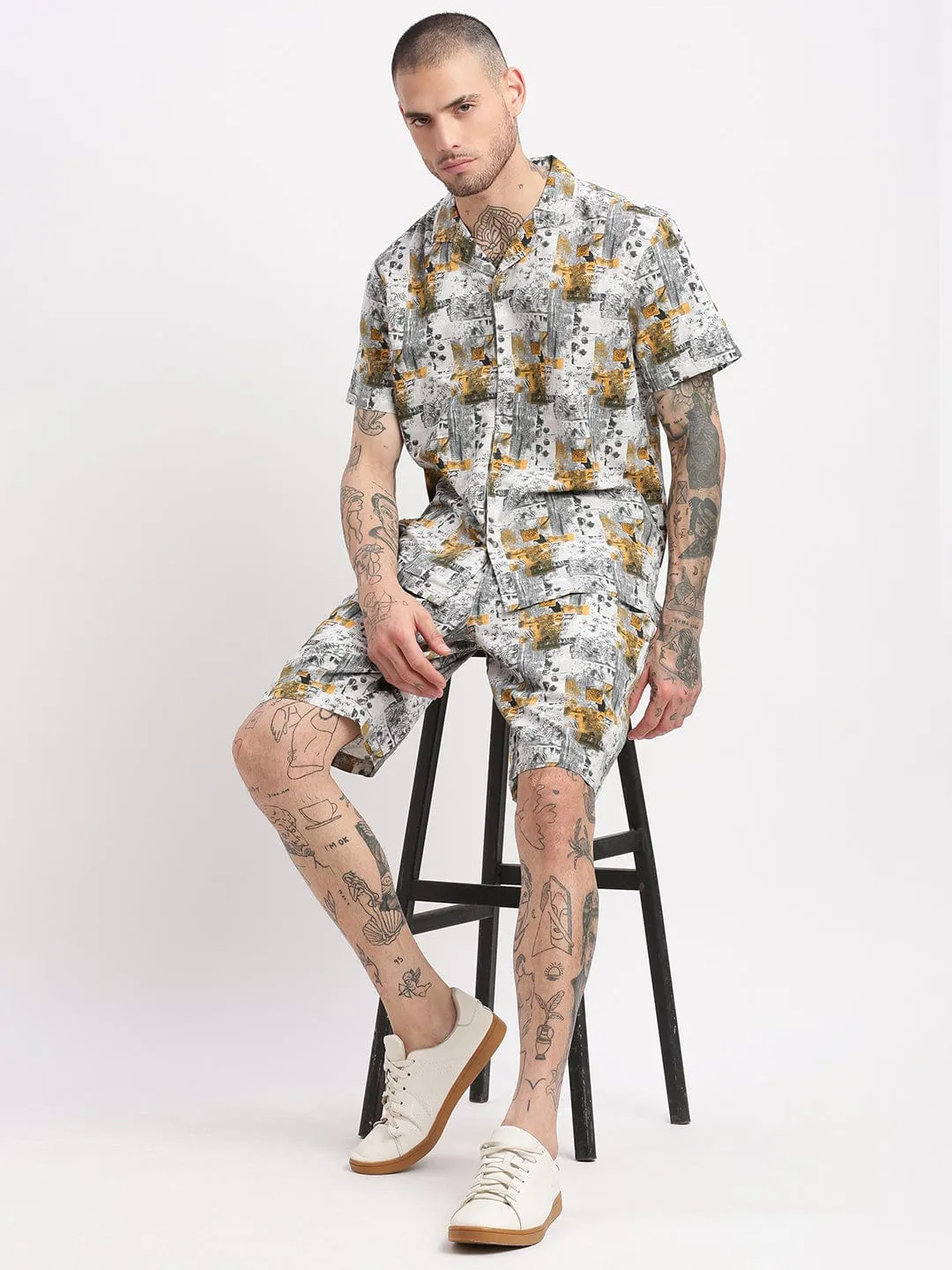 Men Tropical Cuban Collar Grey Co Ords Set