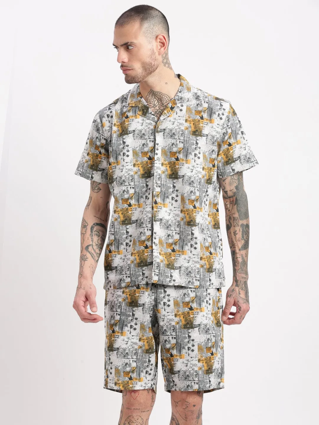 Men Tropical Cuban Collar Grey Co Ords Set