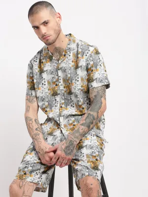 Men Tropical Cuban Collar Grey Co Ords Set