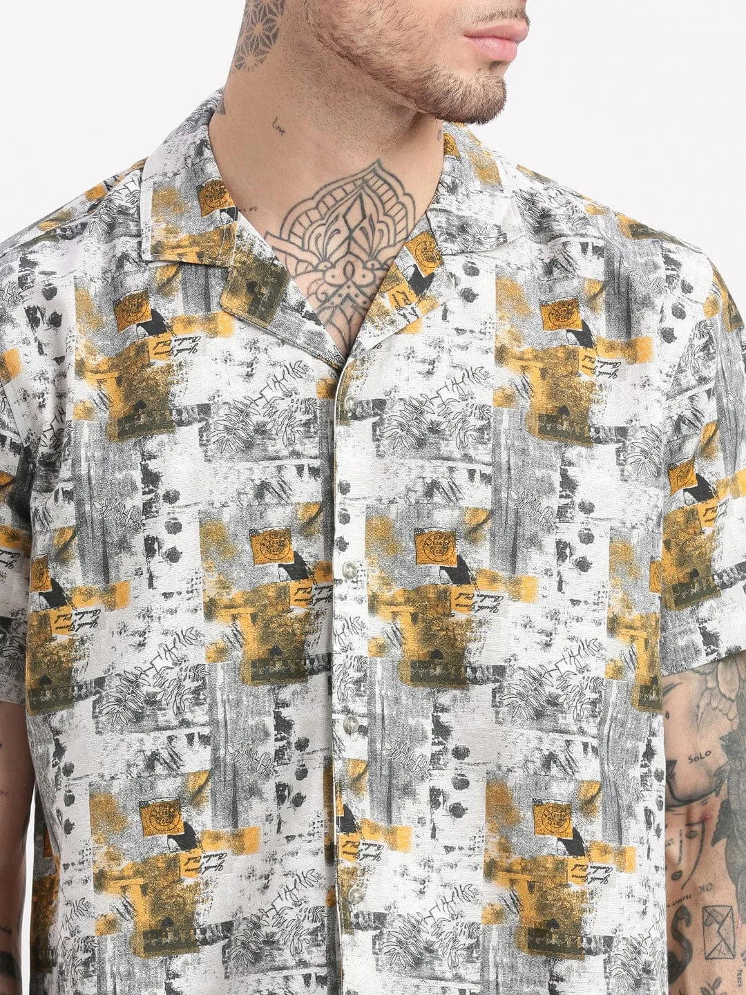 Men Tropical Cuban Collar Grey Co Ords Set