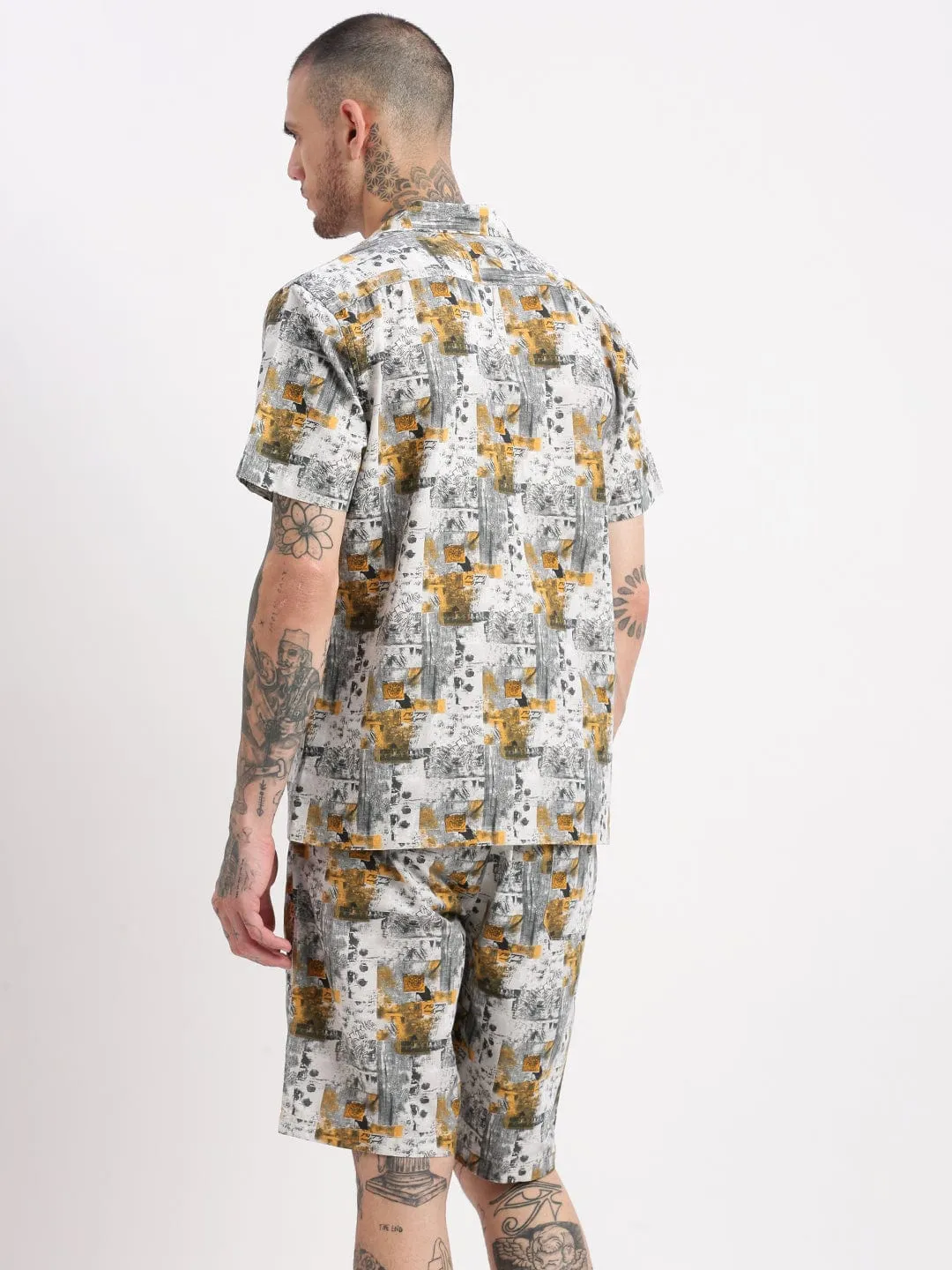 Men Tropical Cuban Collar Grey Co Ords Set