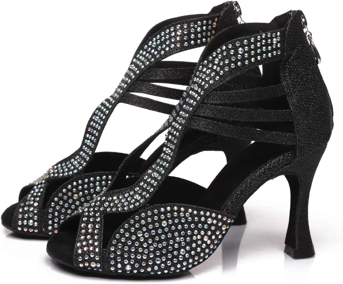 Minishion Women's Latin Salsa Crystals Studded Glitter Zip Dancing Shoes Wedding Ankle Sandals L417