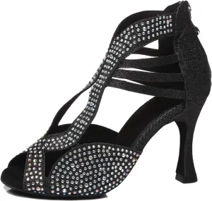Minishion Women's Latin Salsa Crystals Studded Glitter Zip Dancing Shoes Wedding Ankle Sandals L417