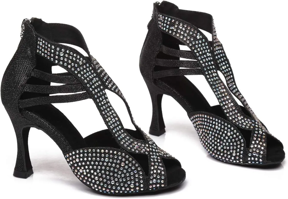 Minishion Women's Latin Salsa Crystals Studded Glitter Zip Dancing Shoes Wedding Ankle Sandals L417