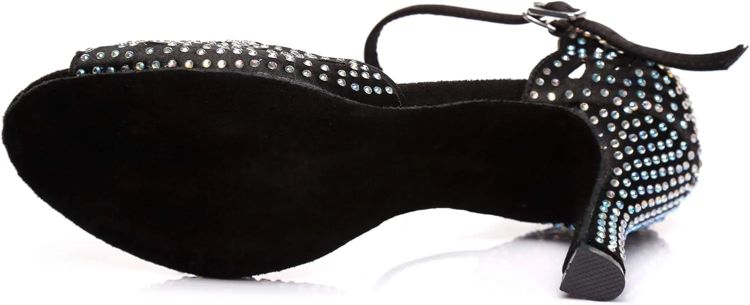 Minishion Women's Latin Salsa Cut-Out Crystal Satin Ballroom Dance Shoes Evening Sandals
