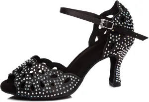 Minishion Women's Latin Salsa Cut-Out Crystal Satin Ballroom Dance Shoes Evening Sandals
