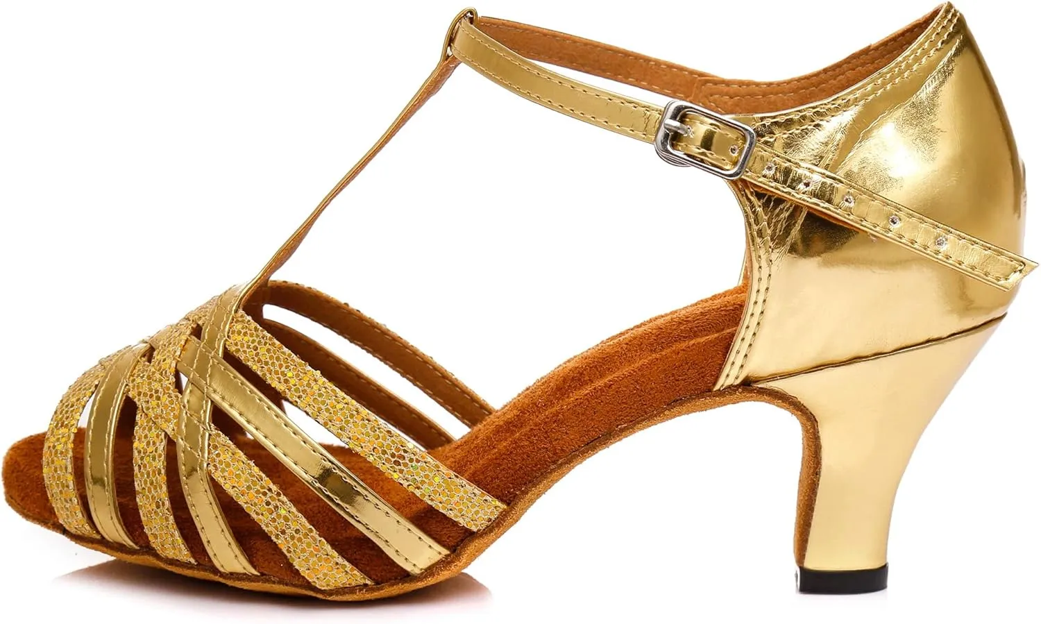 Minishion Women's Latin Salsa T-Strap Low Heel Glitter Social Dance Shoes Wedding Sandals