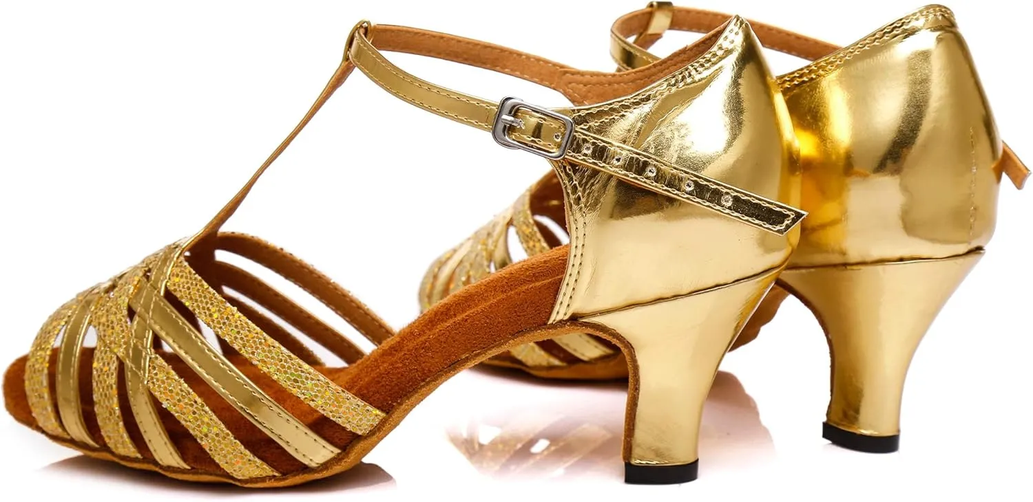 Minishion Women's Latin Salsa T-Strap Low Heel Glitter Social Dance Shoes Wedding Sandals