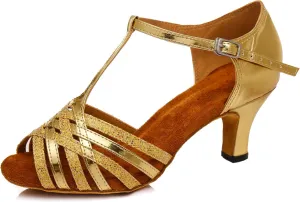Minishion Women's Latin Salsa T-Strap Low Heel Glitter Social Dance Shoes Wedding Sandals