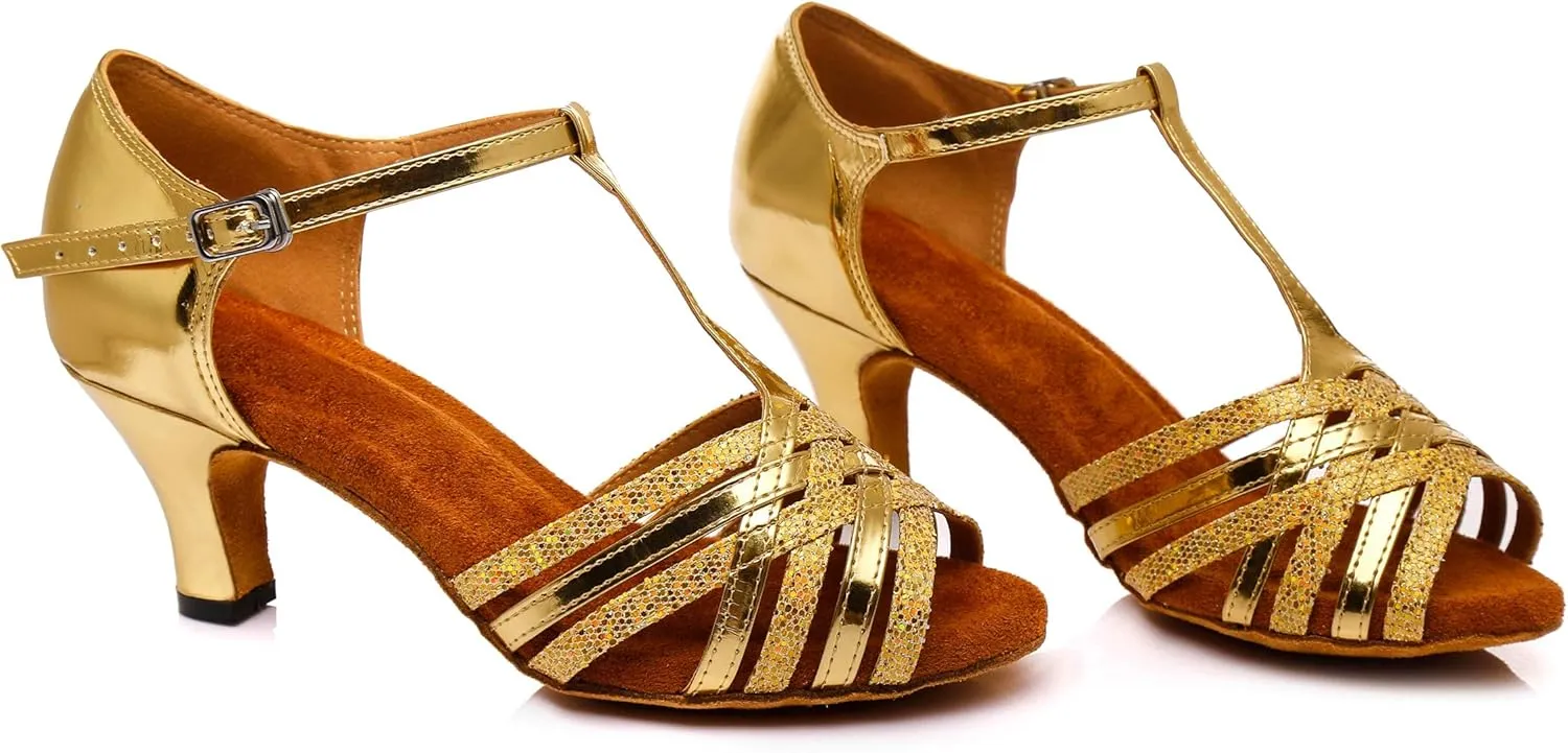 Minishion Women's Latin Salsa T-Strap Low Heel Glitter Social Dance Shoes Wedding Sandals