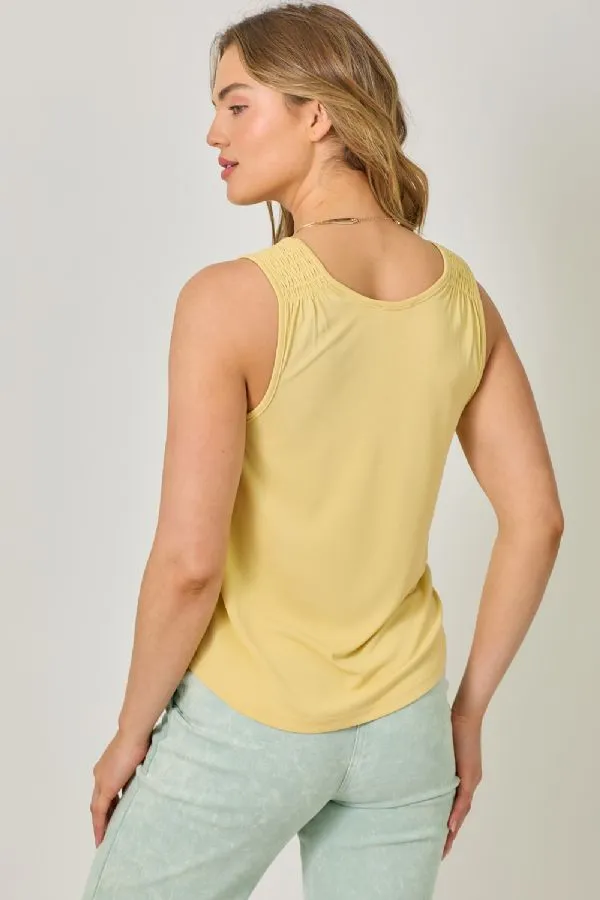 Mystree Muted Yellow Smocked Shoulder Tank