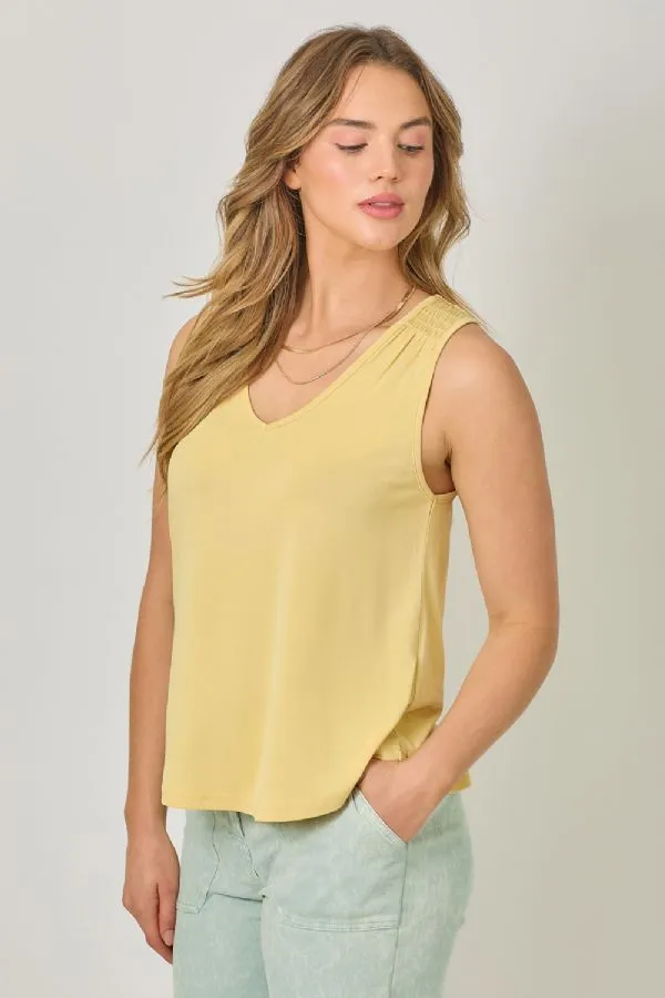 Mystree Muted Yellow Smocked Shoulder Tank