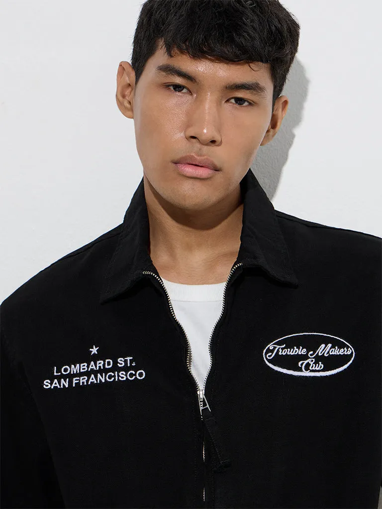 Nuon Black Text Embroidered Relaxed-Fit Cotton Jacket